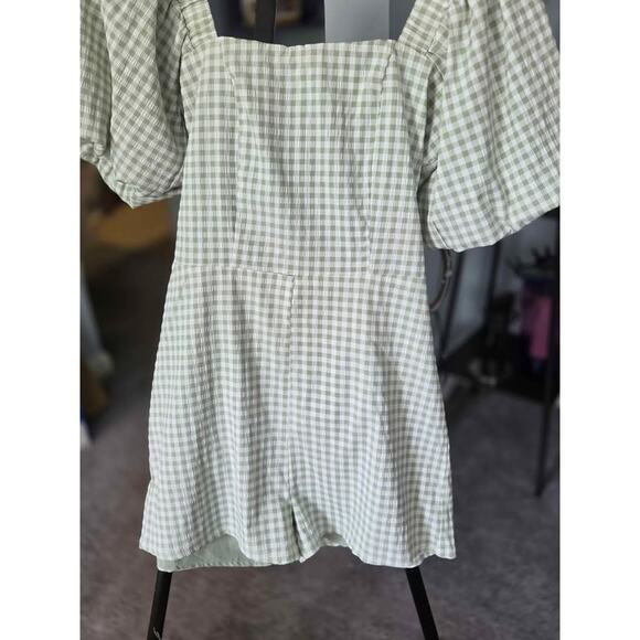 Green Gingham Puff Sleeve Romper | Square Neck One-Piece Outfit | NWT - Picture 1 of 7
